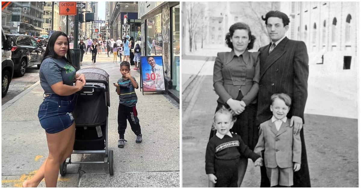 Rosa Vargas, a Venezuelan refugee, has been living with her family in a room at the Roosevelt Hotel; Joseph Berger bottom right, with his family at a DP camp before immigrating to America. (Andrew Silverstein/Courtesy)