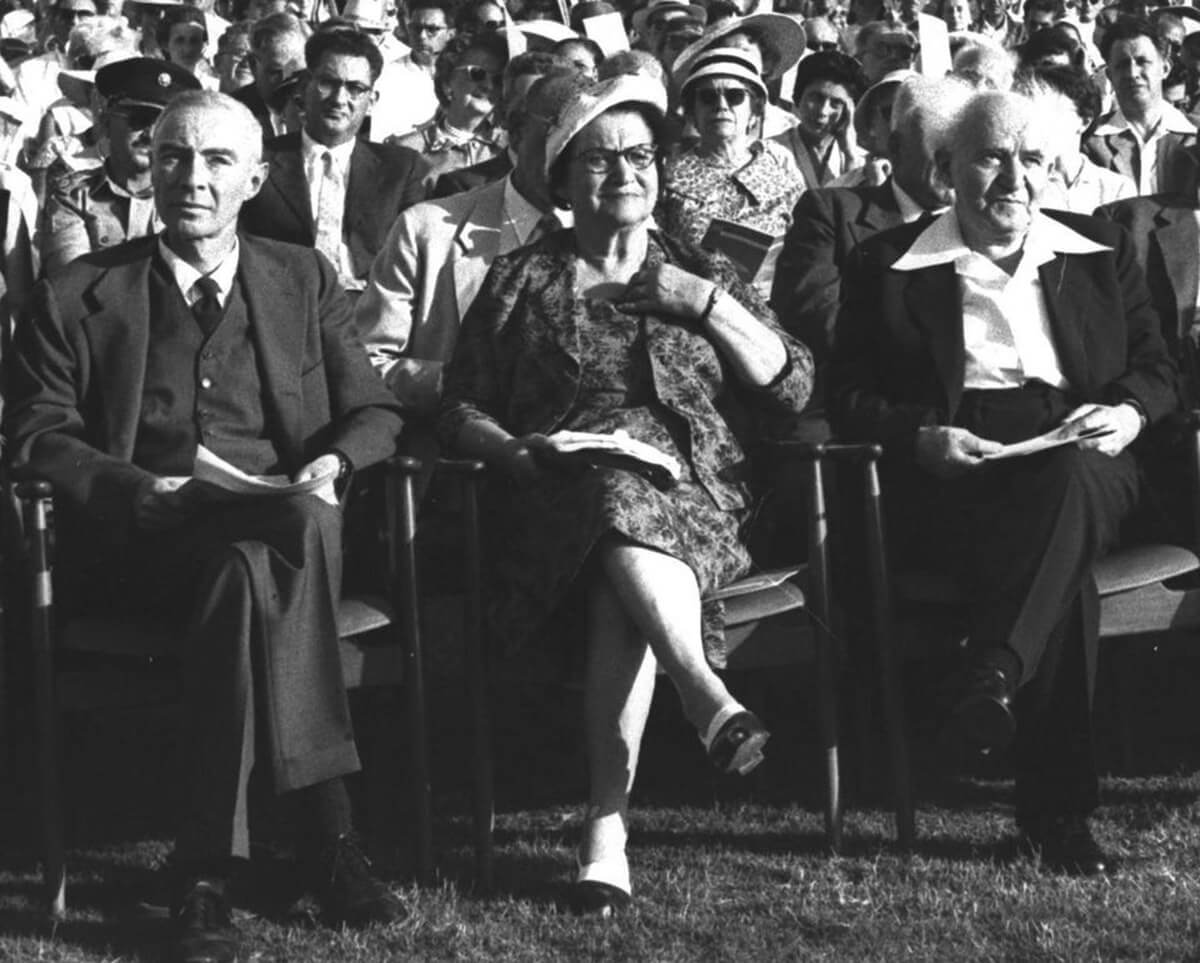 The audience at the dedication of the Nuclear Research Institute in Rehovot, 1958. J. Robert Oppenheimer, left, is seated next to Paula and David Ben-Gurion.