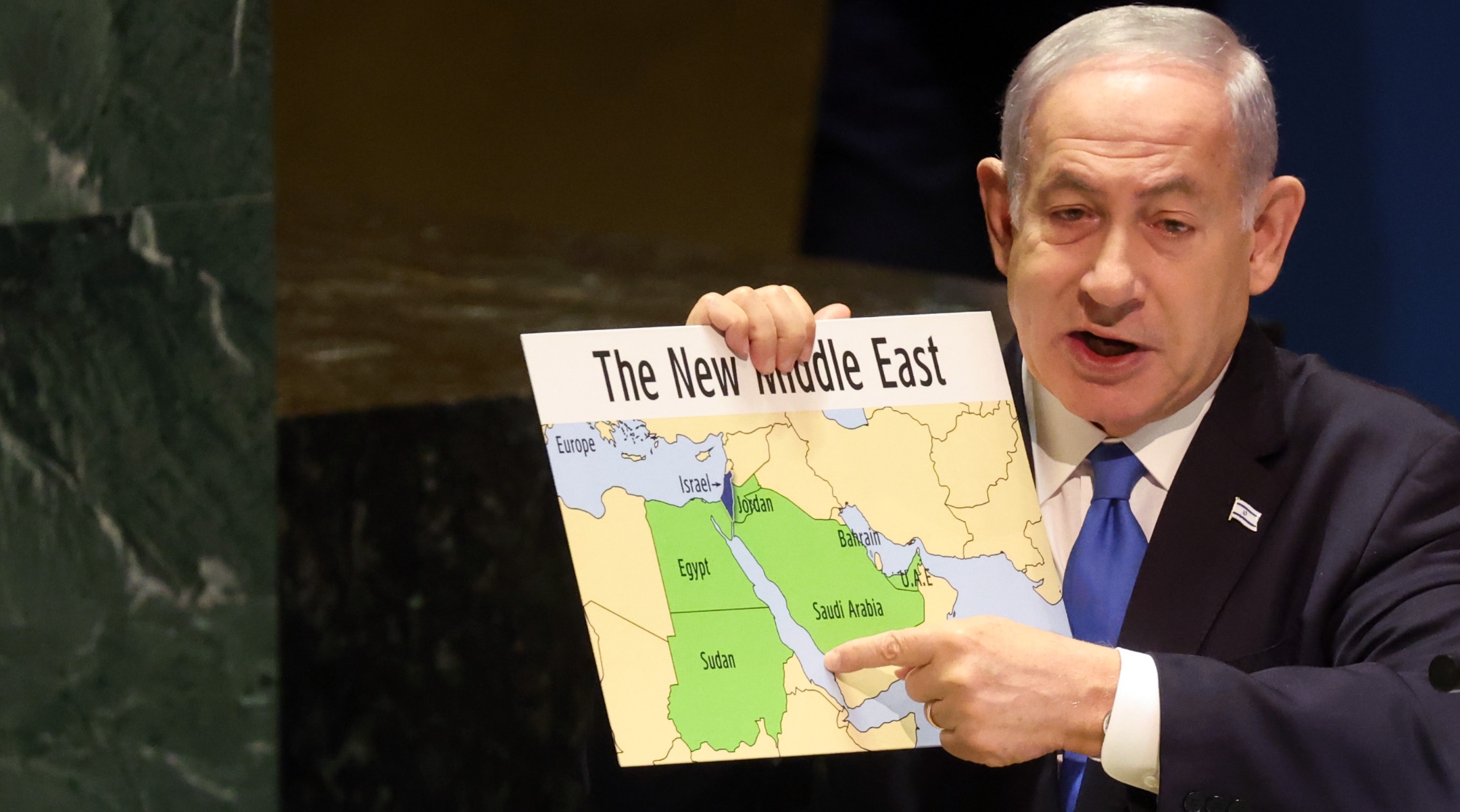 Prime Minister Benjamin Netanyahu addresses world leaders during the United Nations General Assembly in New York City, Sept. 22, 2023. (Spencer Platt/Getty Images)