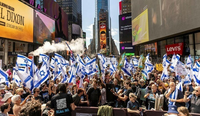 Protesters in New York demonstrate against Prime Minister Benjamin Netanyahu during his U.S. visit on September 19, 2023.