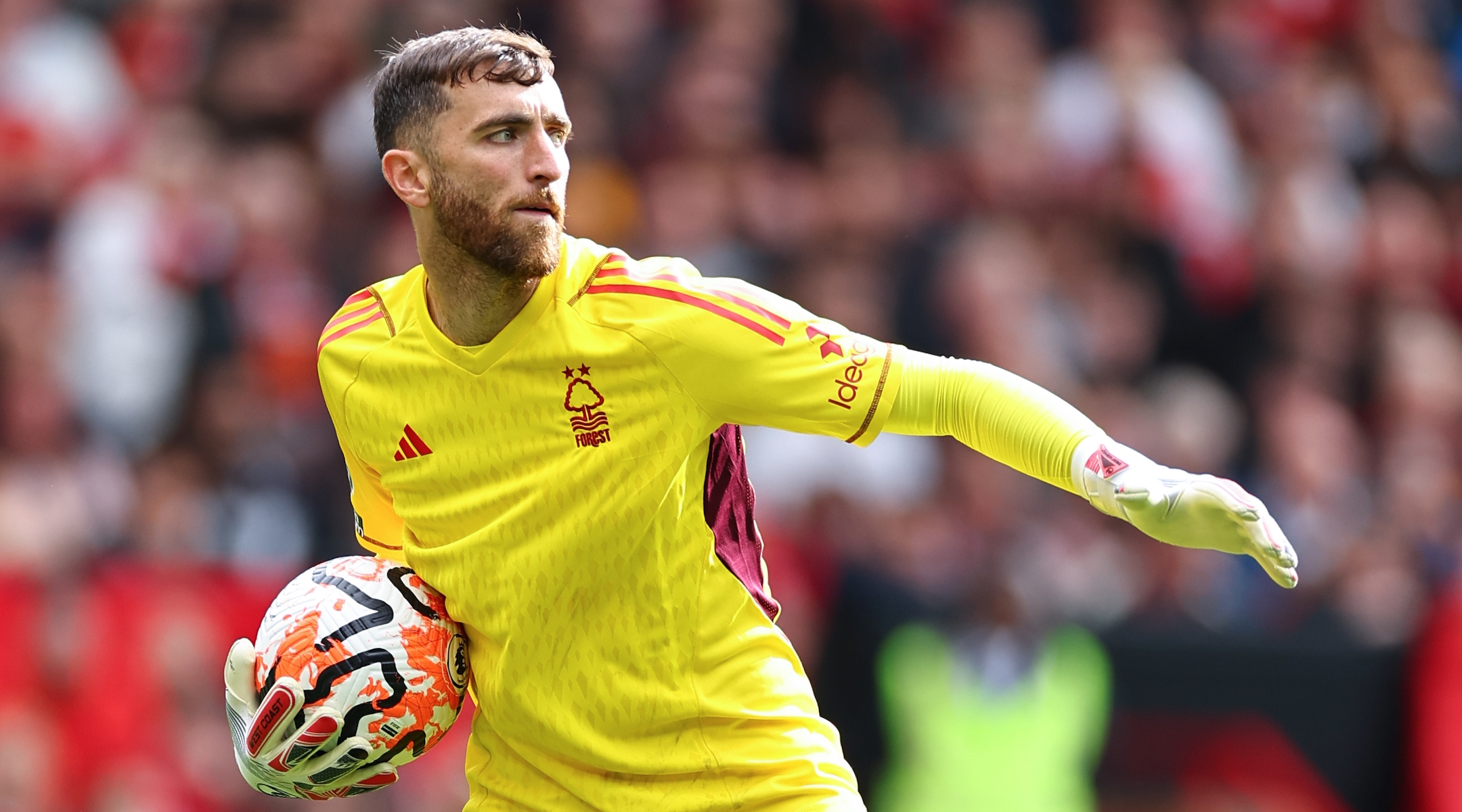 Matt Turner plays for Nottingham Forest against Manchester United in Manchester, England, Aug. 26, 2023. (Robbie Jay Barratt – AMA/Getty Images)