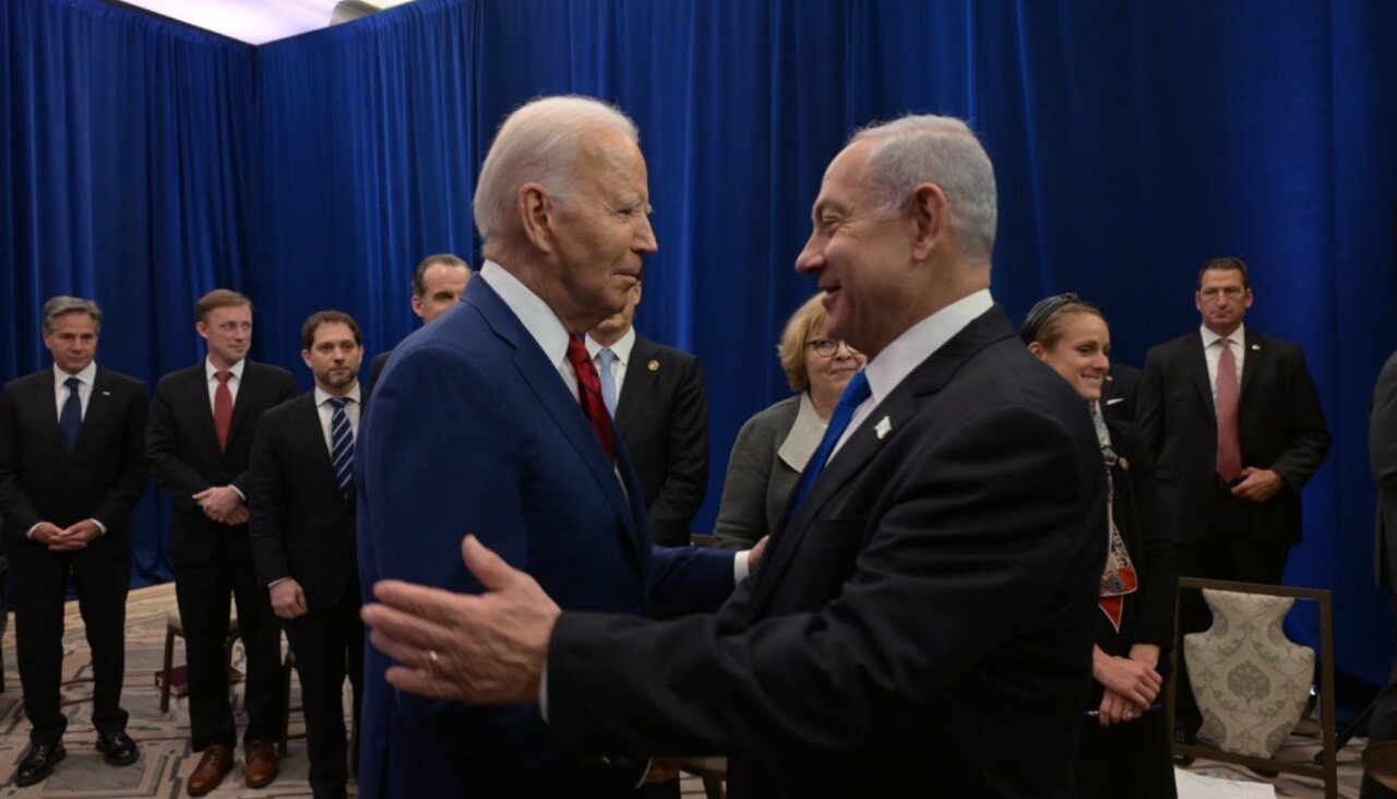 President Joe Biden greets Prime Minister Benjamin Netanyahu ahead of their meeting on September 20, 2023. 