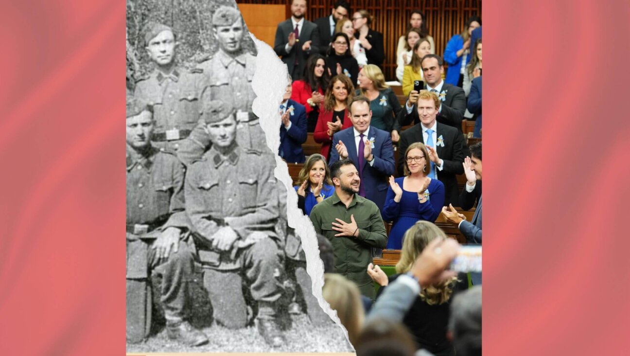 L: Yaroslav Hunka, the Canadian immigrant honored by the Canadian parliament during a visit by Ukrainian President Volodymyr Zelenskyy. Hunka is in the front row, center. R: Zelenskyy receives a standing ovation from Canadian Prime Minister Justin Trudeau and members of Canadian parliament, Sept. 22, 2023.