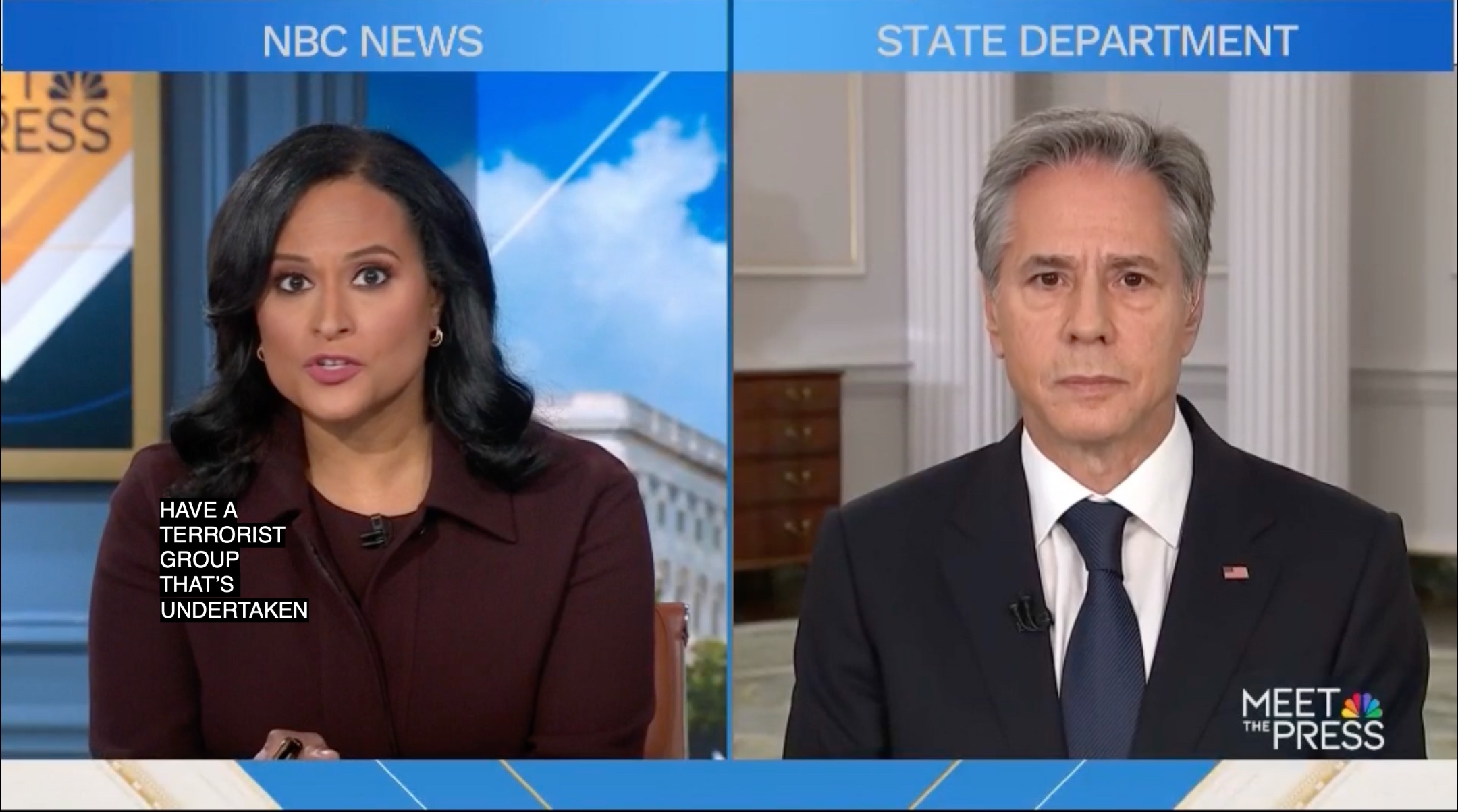 U.S. Secretary of State Antony Blinken appears on NBC’s “Meet the Press”, Oct. 8, 2023. (Screenshot)