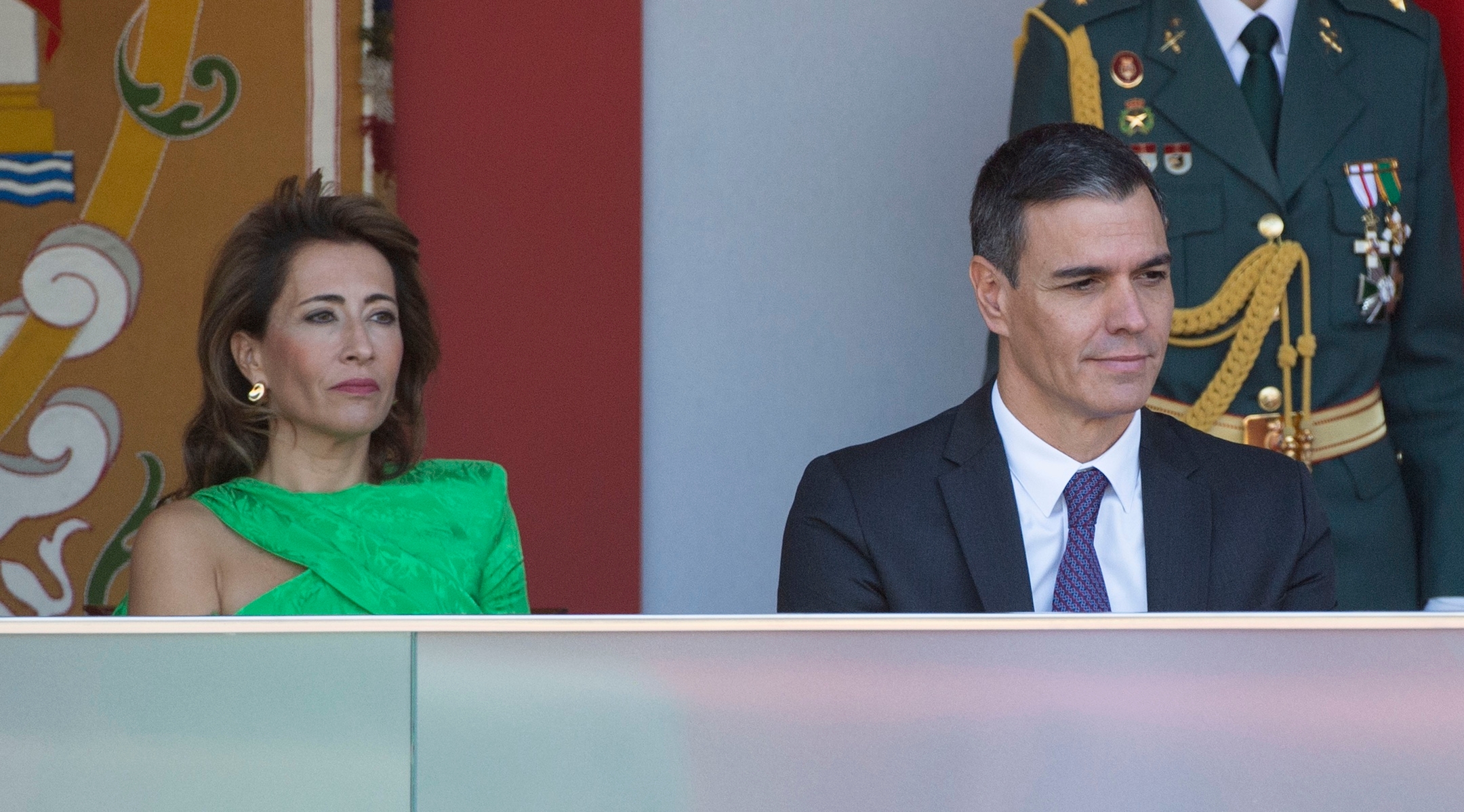 Spanish Prime Minister Pedro Sanchez and Acting Minister of Transport, Mobility and Urban Agenda Raquel Sanchez watch a military parade at the Plaza de Canovas del Castillo in Madrid, Oct. 12, 2023. (Alberto Ortega/Europa Press via Getty Images)