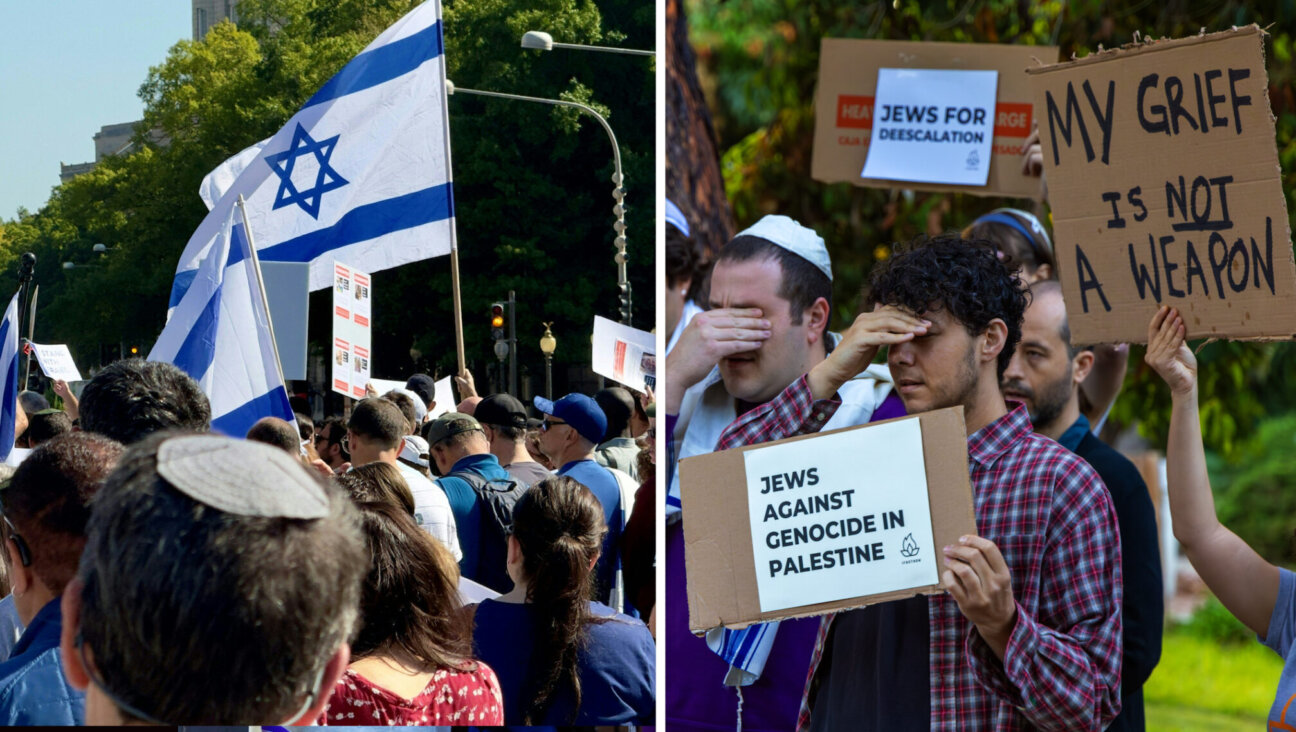 At left, supporters of Israel rally near the US Capitol in Washington, DC on Oct.13, 2023; at right, members of the left-wing Jewish advocacy group IfNotNow cover their eyes while offering Jewish prayer at a protest outside the Los Angeles home of Vice President Kamala Harris, Oct. 19, 2023. (Daniel Slim/AFP via Getty Images/Irfan Khan/Los Angeles Times via Getty Images)