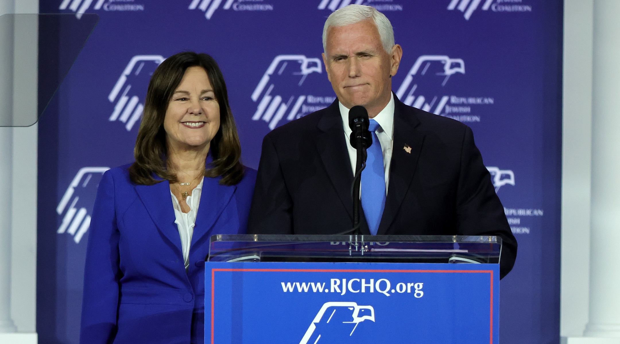 Karen Pence stands with former U.S. Vice President Mike Pence after he suspended his campaign for president during the Republican Jewish Coalition’s Annual Leadership Summit at The Venetian Resort Las Vegas, Oct. 28, 2023. (Ethan Miller/Getty Images)