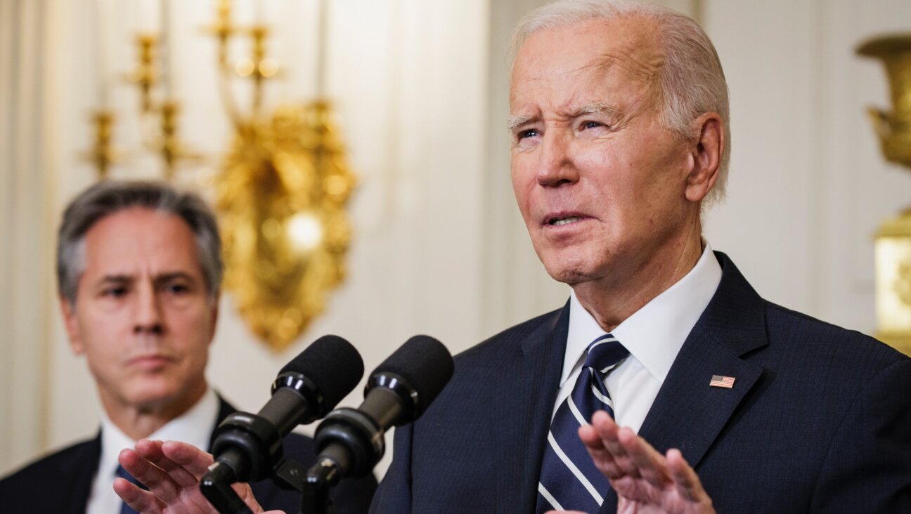 President Joe Biden speaks on the terrorist attacks in Israel alongside Secretary of State Antony Blinken from the State Dining Room at the White House, Oct. 7, 2023. (Samuel Corum/Getty Images)