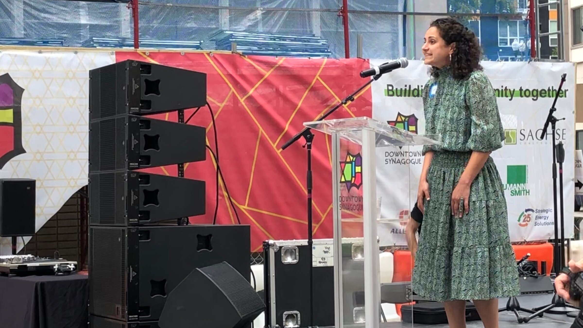 Samantha Woll, president of the Isaac Agree Downtown Synagogue in Detroit, welcomes attendees to the congregation's centennial celebration and groundbreaking on a major renovation project, Aug. 14, 2022. She was found dead from stab wounds on Oct. 21, 2023.