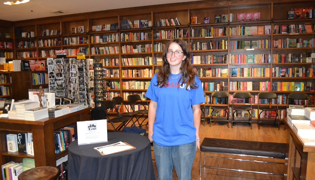 Iris Mogul poses for a photo while leading the first meeting of the Banned Books Club at Books & Books bookstore in Coral Gables, Florida.