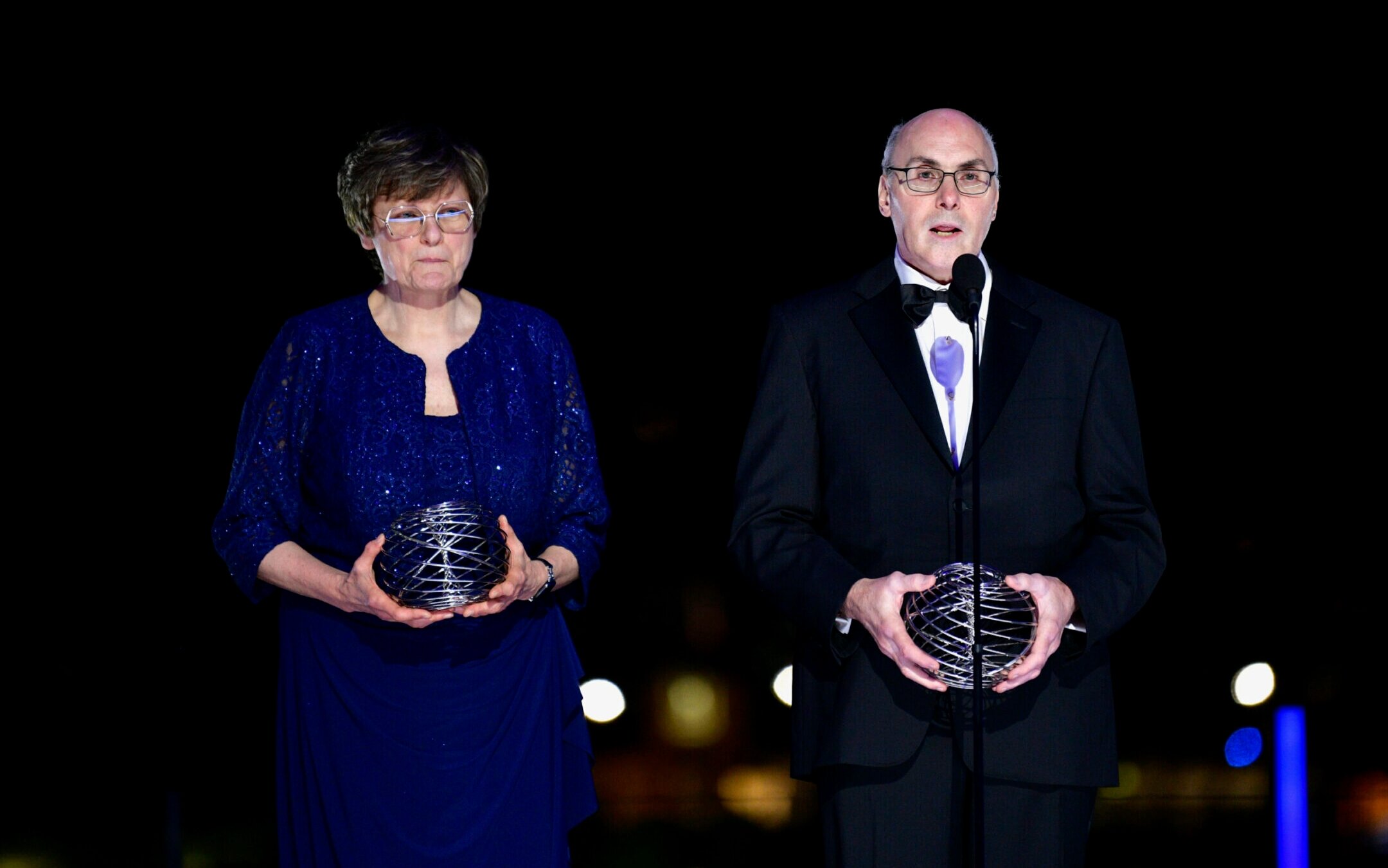 Katalin Kariko and Drew Weissman speak onstage at the Ninth Breakthrough Prize Ceremony at Academy Museum of Motion Pictures in Los Angeles, April 15, 2023. (Araya Doheny/Getty Images for Breakthrough Prize)