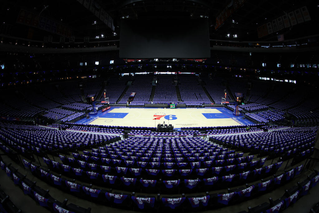 The Philadelphia 76ers' court at the Wells Fargo Center.