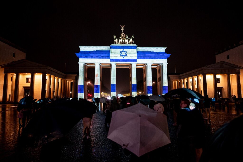 The Israeli flag was projected onto the Brandenburg Gate in Berlin as a show of solidarity.