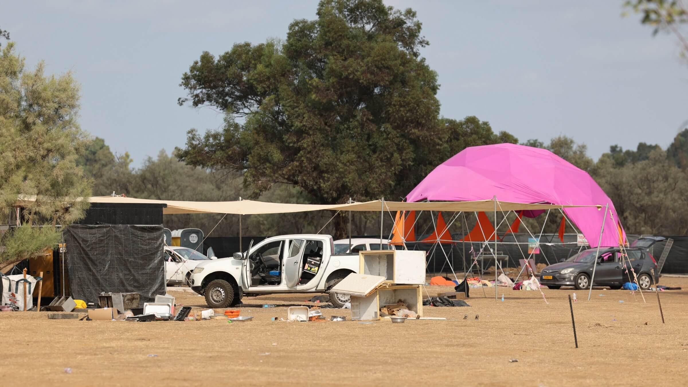 The abandoned site of the Supernova desert music festival, where Hamas militants massacred Israeli civilians Saturday. The festival was the site of several accounts of rape during the attack. While those accounts have been widely repeated, Israeli officials have so far said they do not have evidence of such incidents.