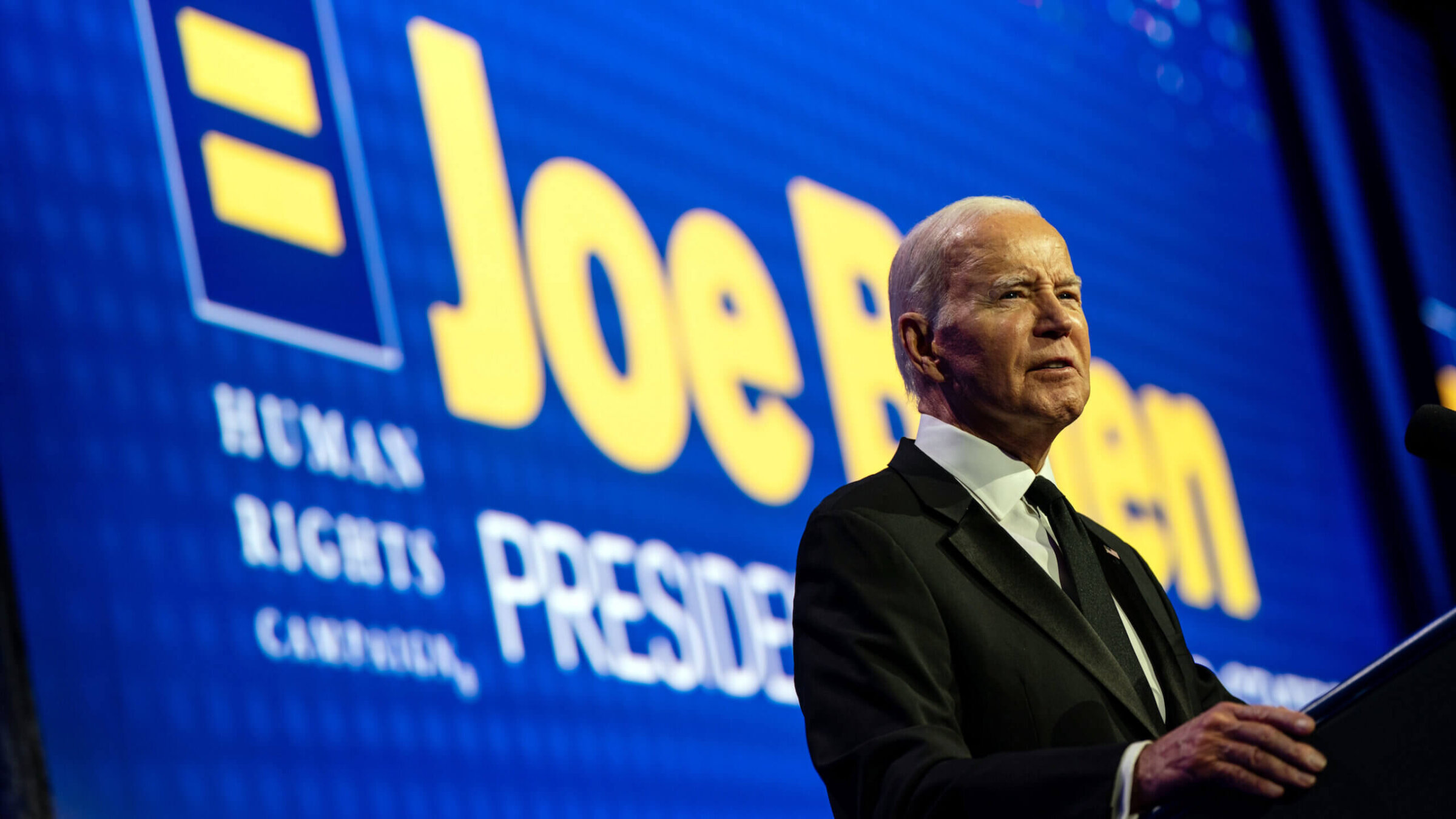 President Joe Biden speaks during the 2023 Human Rights Campaign National Dinner at the Washington Convention Center on Oct., 14, 2023.