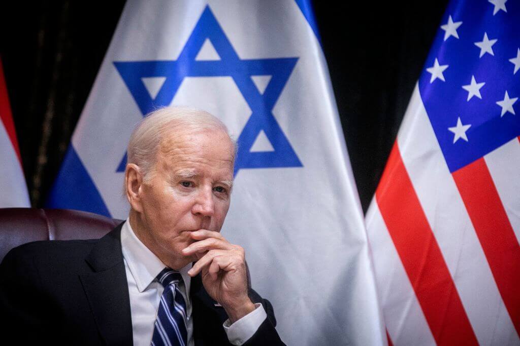 President Joe Biden joins Israel's Prime Minister for the start of the Israeli war cabinet meeting, in Tel Aviv on Oct. 18, 2023.