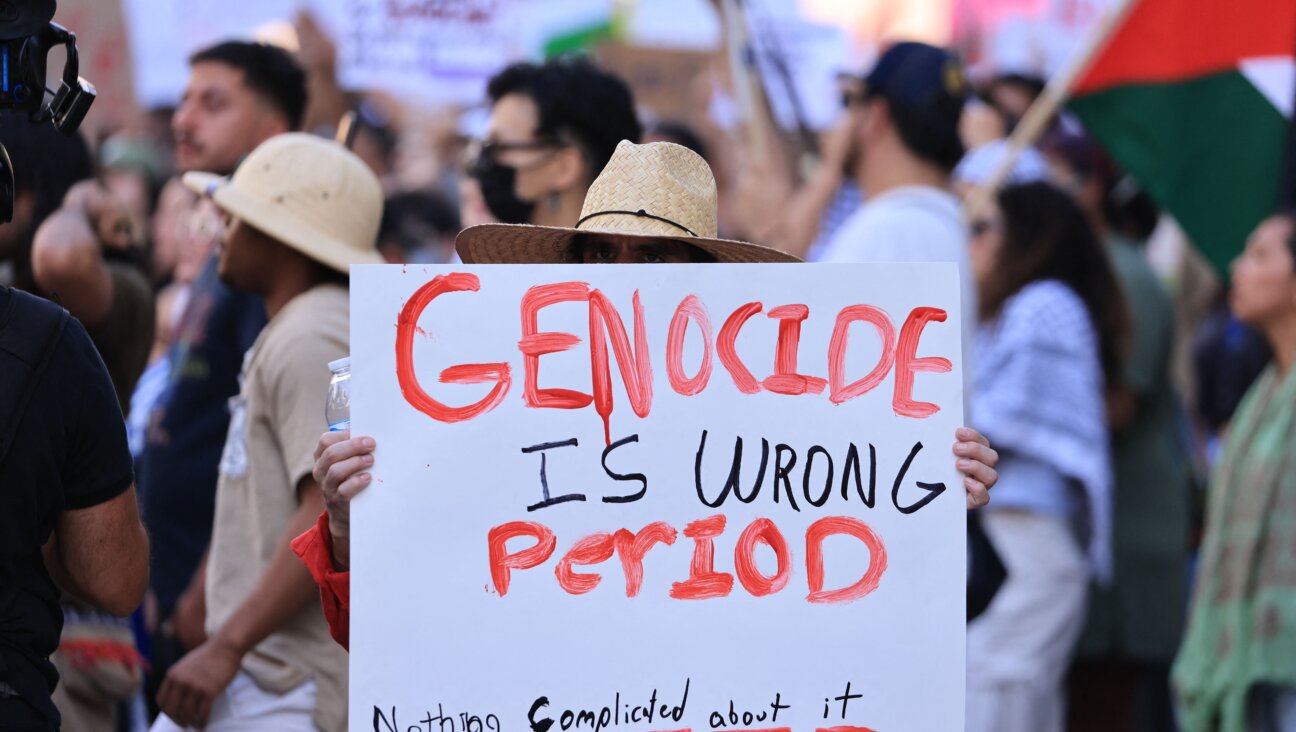 A protestor holds a "Genocide is Wrong, Period" sign at a rally in Los Angeles.