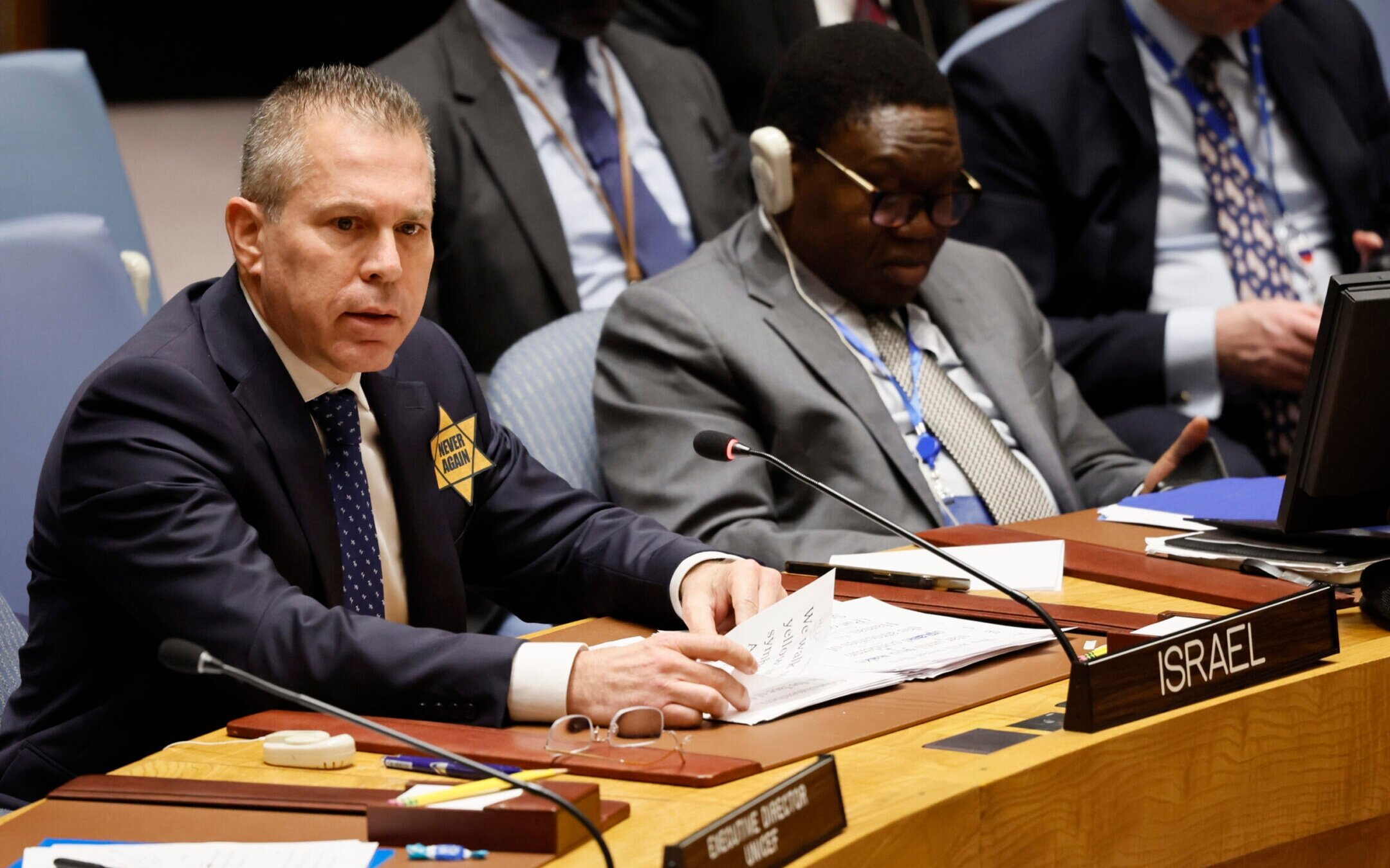 NEW YORK, NEW YORK – OCTOBER 30: Israeli United Nations Ambassador Gilad Erdan speaks during a Security Council meeting on the Israel-Hamas war at U.N. headquarters on October 30, 2023 in New York City. The Security Council held an emergency meeting requested by the United Arab Emirates seeking a binding resolution demanding that Israel accept a humanitarian pause to the fighting as it begins its ground operation in Gaza. Under-Secretary-General for Humanitarian Affairs and Emergency Relief Coordinator Martin Griffiths and Commissioner-General of Relief and Works Agency for Palestine Refugees Philippe Lazzarini were called to brief members of the Council regarding the situation on the ground. (Photo by Michael M. Santiago/Getty Images)