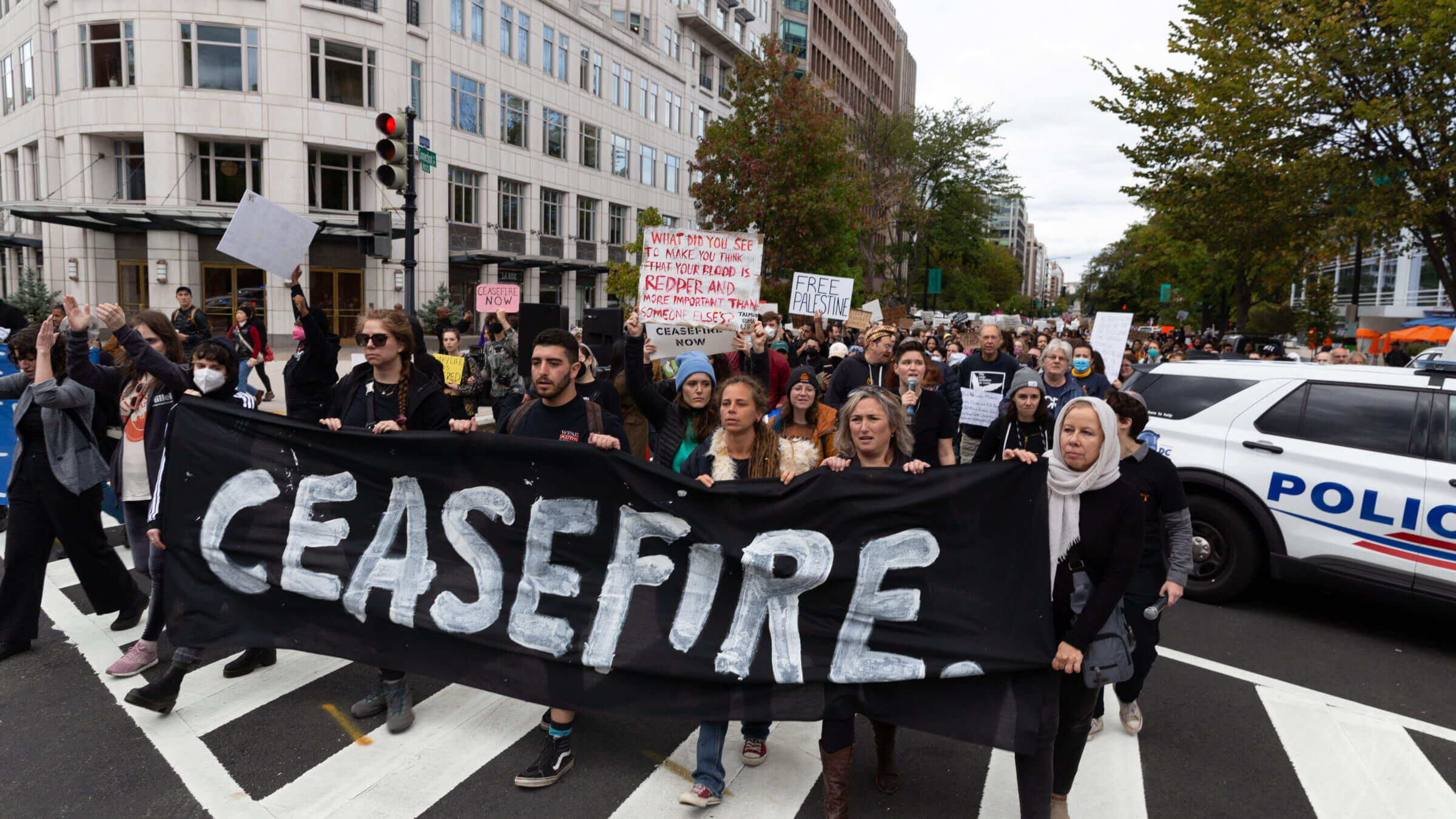 Demonstrators calling for a cease-fire in Gaza and Israel march to the White House during a protest organized by IfNotNow and Jewish Voice for Peace, two groups that typify the Jewish left, which has been riven by divisions over how to respond to the deadly Hamas attack against Israeli civilians.