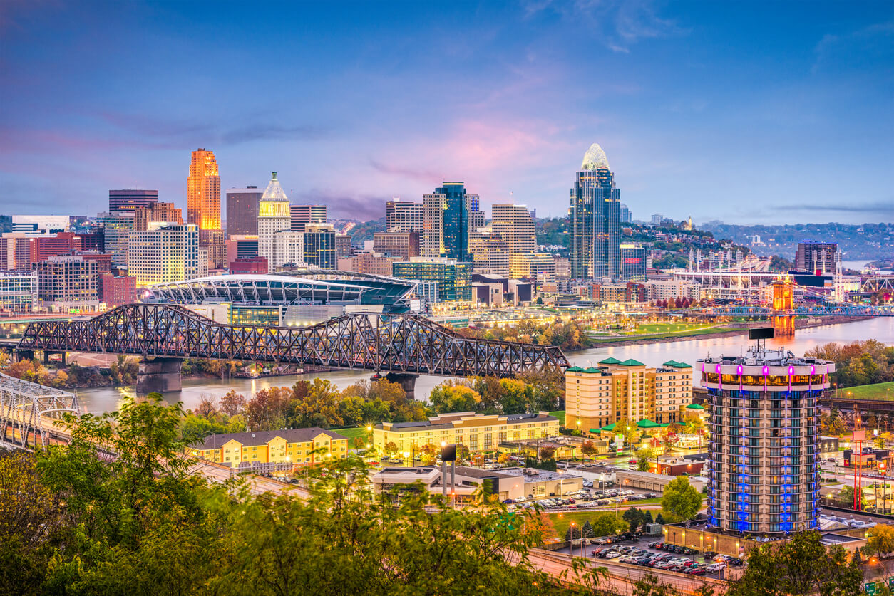 The skyline of Cincinnati, Ohio.