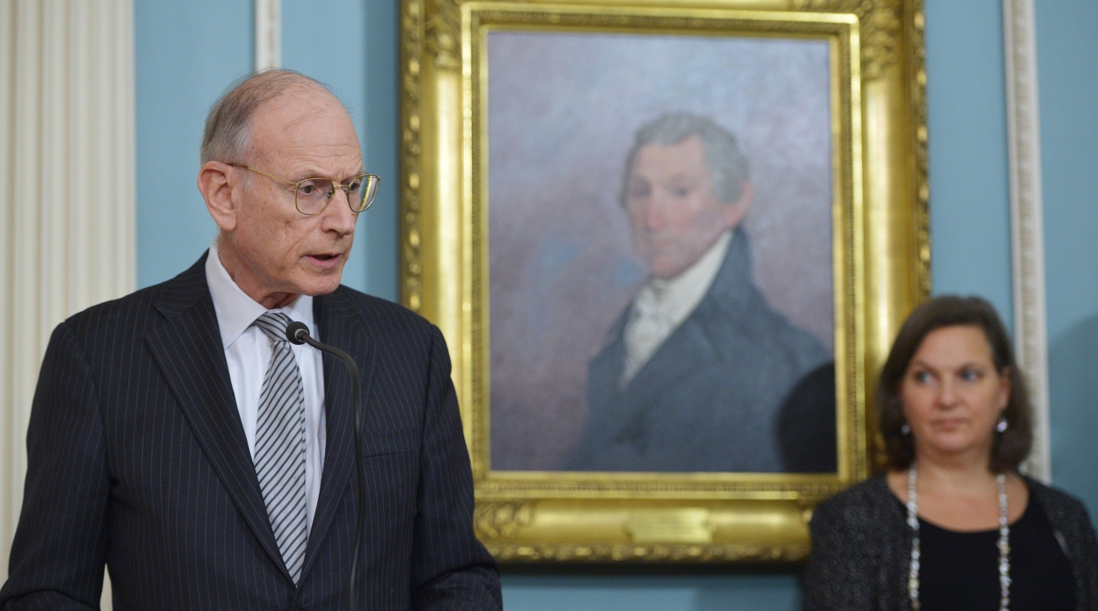 U.S. lead negotiator and the Secretary of State’s Special Adviser on Holocaust Issues Stuart Eizenstat speaks during a signing ceremony between the US and France for compensation for Holocaust victims deported from France, in the Treaty Room of the State Department in Washington, D.C. Dec. 8, 2014. (Mandel Ngan /AFP via Getty Images)