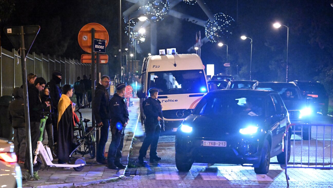 Police shown outside the King Baudouin Stadium in Brussels, Belgium after a gunman killed two Swedish nationals at a soccer match, Oct. 17, 2023. (Dursun Aydemir/Anadolu via Getty Images)