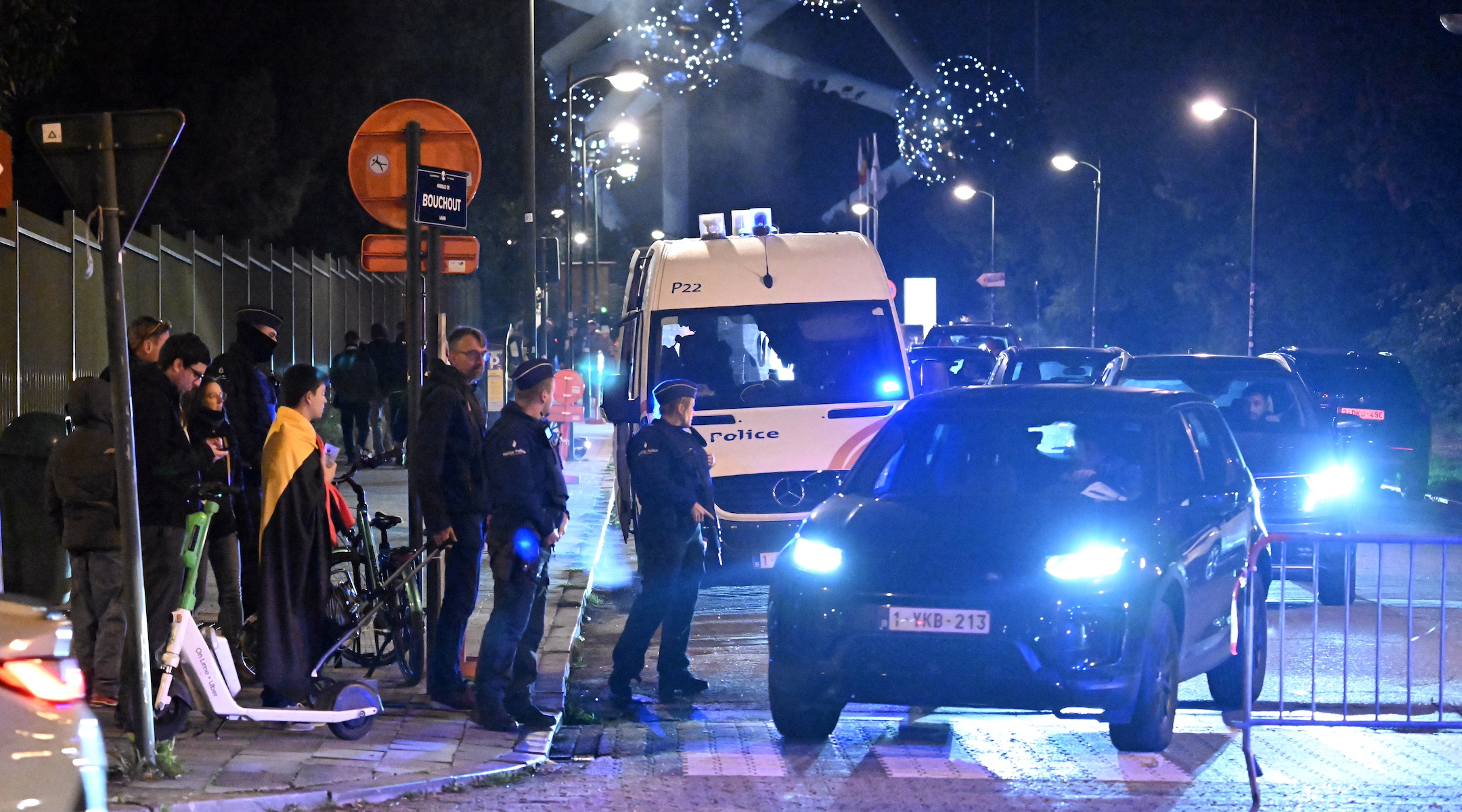 Police shown outside the King Baudouin Stadium in Brussels, Belgium after a gunman killed two Swedish nationals at a soccer match, Oct. 17, 2023. (Dursun Aydemir/Anadolu via Getty Images)