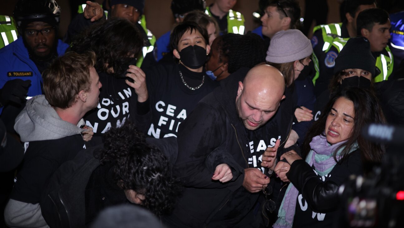 Members of U.S. Capitol Police push protesters away from the headquarters of the Democratic National Committee during a demonstration against the war between Israel and Hamas, on Capitol Hill, Nov. 15, 2023. (Alex Wong/Getty Images)