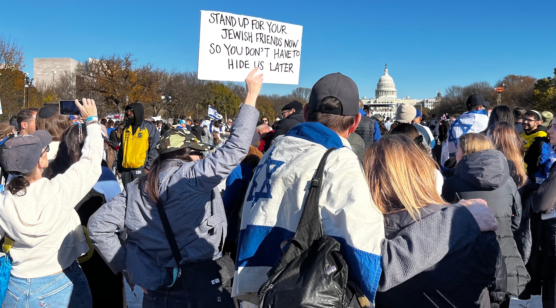 Rally-goers at the March for Israel wrapped themselves in Israeli flags, Nov. 14, 2023. (JTA Photo)