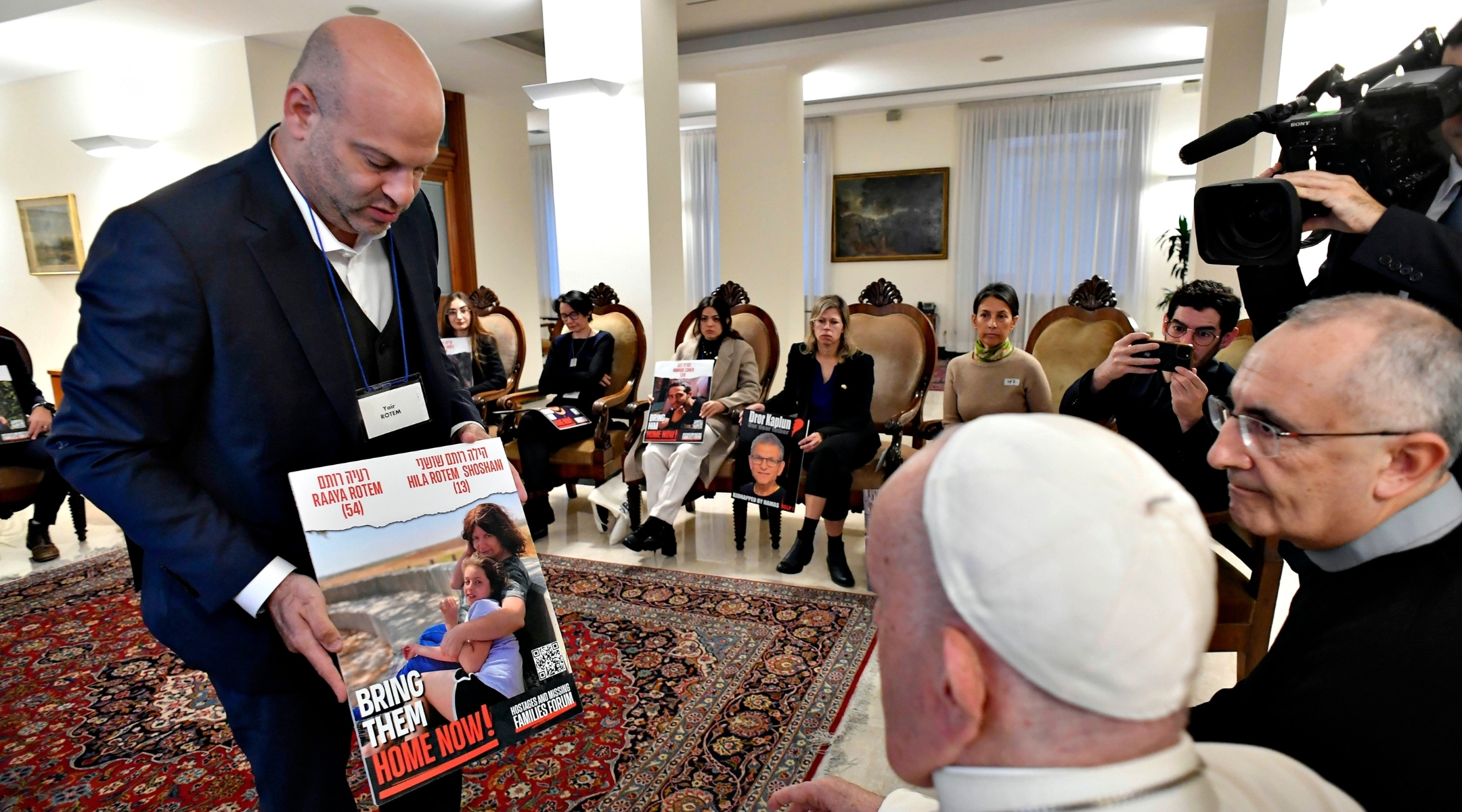 Pope Francis meets a delegation of Israelis with family members held hostage in Gaza, Nov. 22, 2023. (Vatican Media via Vatican Pool/Getty Images)