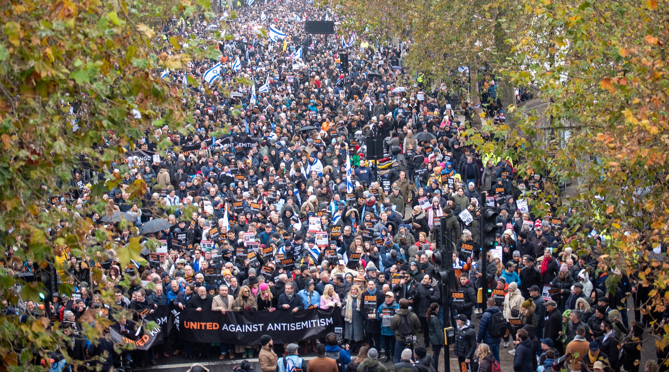 Protesters holding banners and placards are seen in Central London during a protest against antisemitism, Nov. 26, 2023. (Krisztian Elek/SOPA Images/LightRocket via Getty Images)