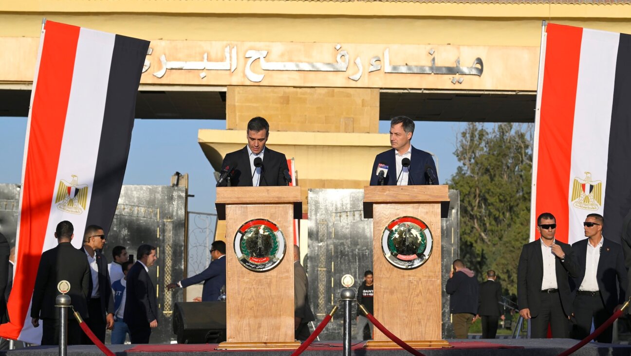 Spain’s Prime Minister Pedro Sanchez, left, and Belgium’s Prime Minister Alexander De Croo hold a press conference at the Rafah border crossing in Egypt, Nov. 24, 2023. (Philip Reynaers/Photo News via Getty Images)