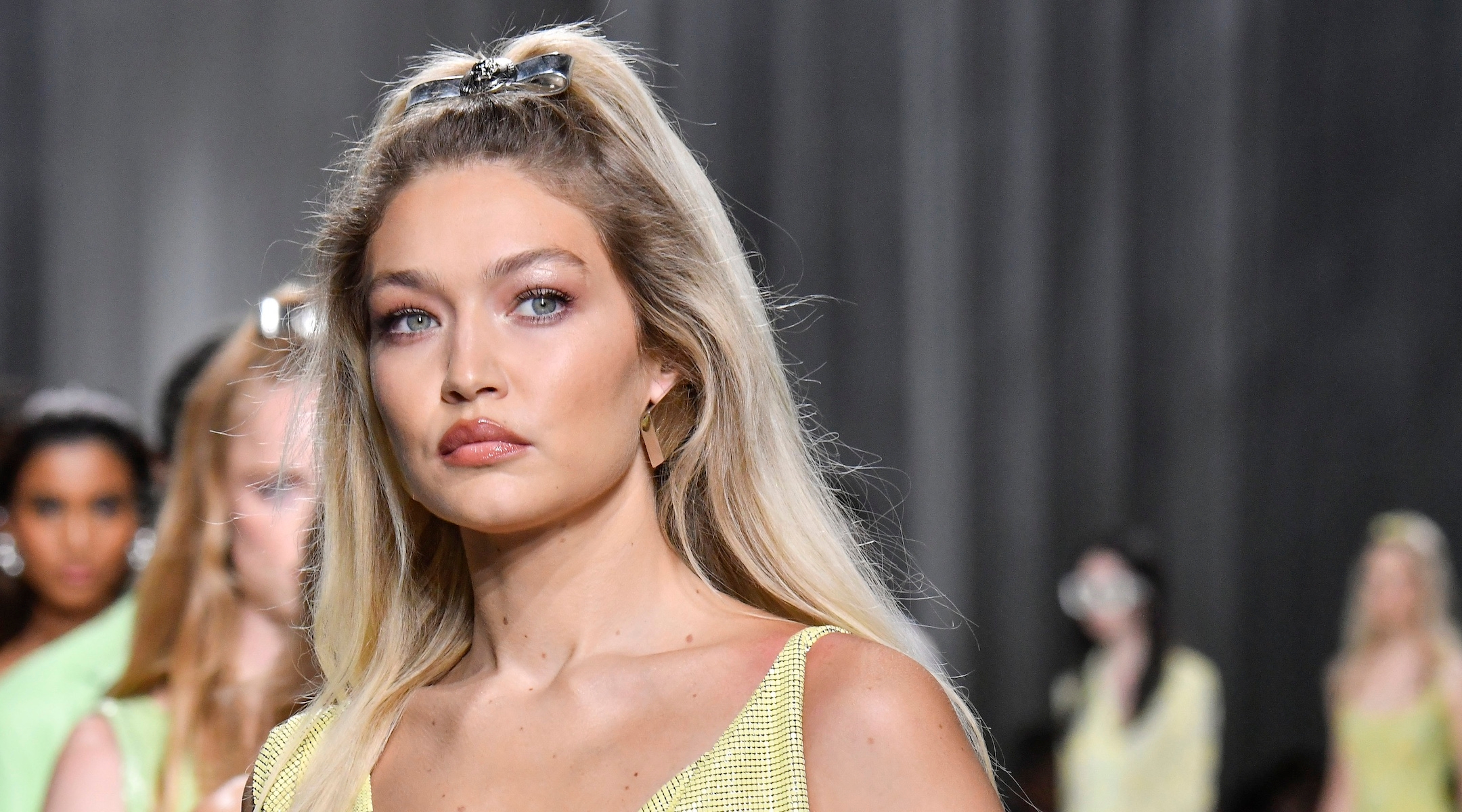 Gigi Hadid walks the runway during a Versace fashion show as part of Milan Fashion Week, Sept. 22, 2023. (Victor Virgile/Gamma-Rapho via Getty Images)