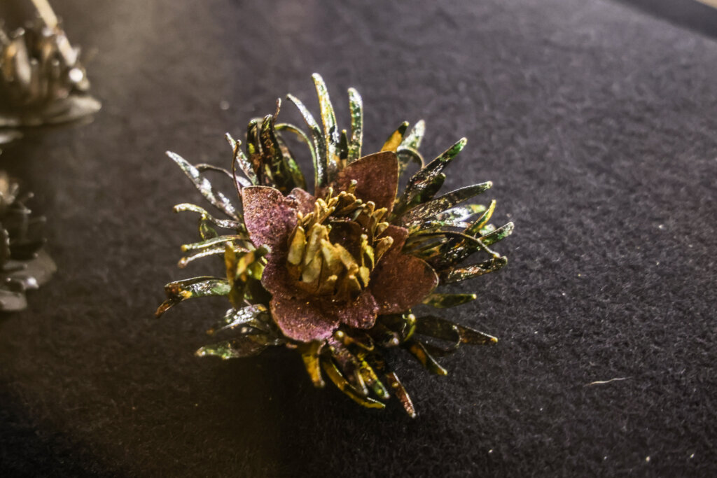 A metallic, dark red-and-green flower on a black background.