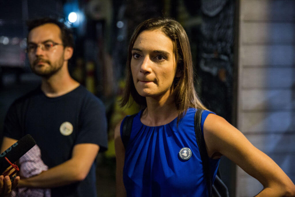 Democratic Socialist candidate Julia Salazar addresses the media after defeating incumbent Democrat State Senator Marty Dilan on September 13, 2018 in New York City.