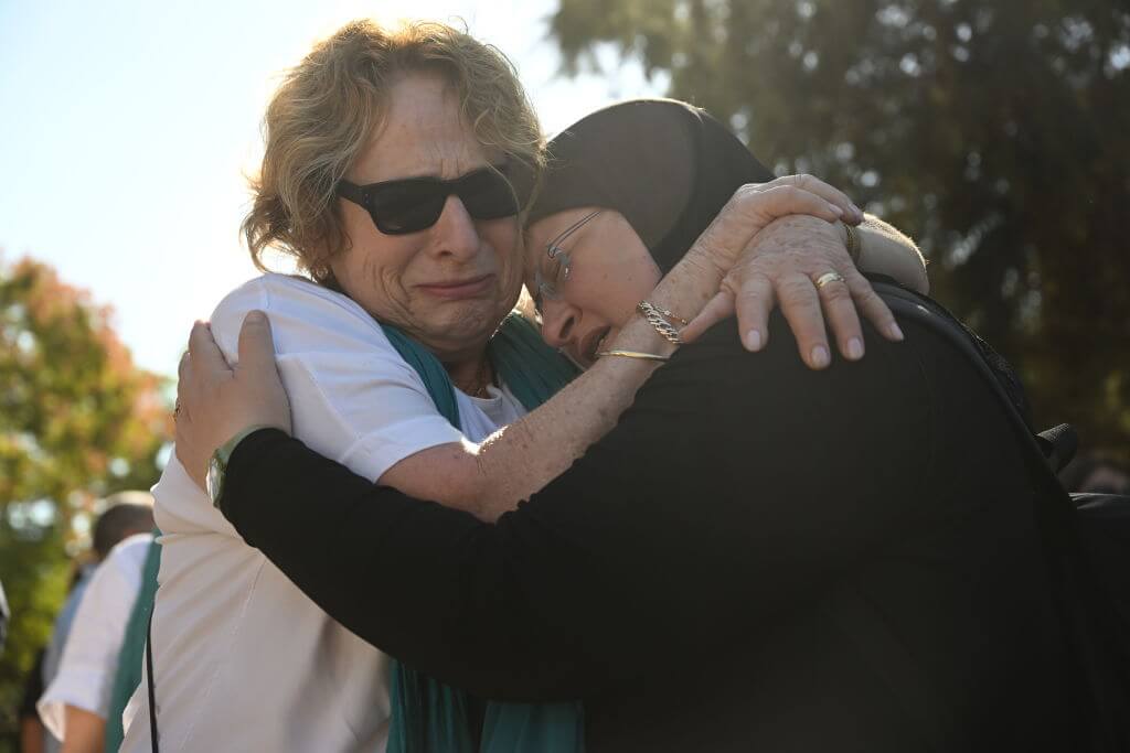 Mourners grieve for peace activist Vivian Silver, 74, who was killed during the October 7th Hamas attack on kibbutz Be’eri, during a memorial service on November 16, 2023 in Tel Gezer, Israel.