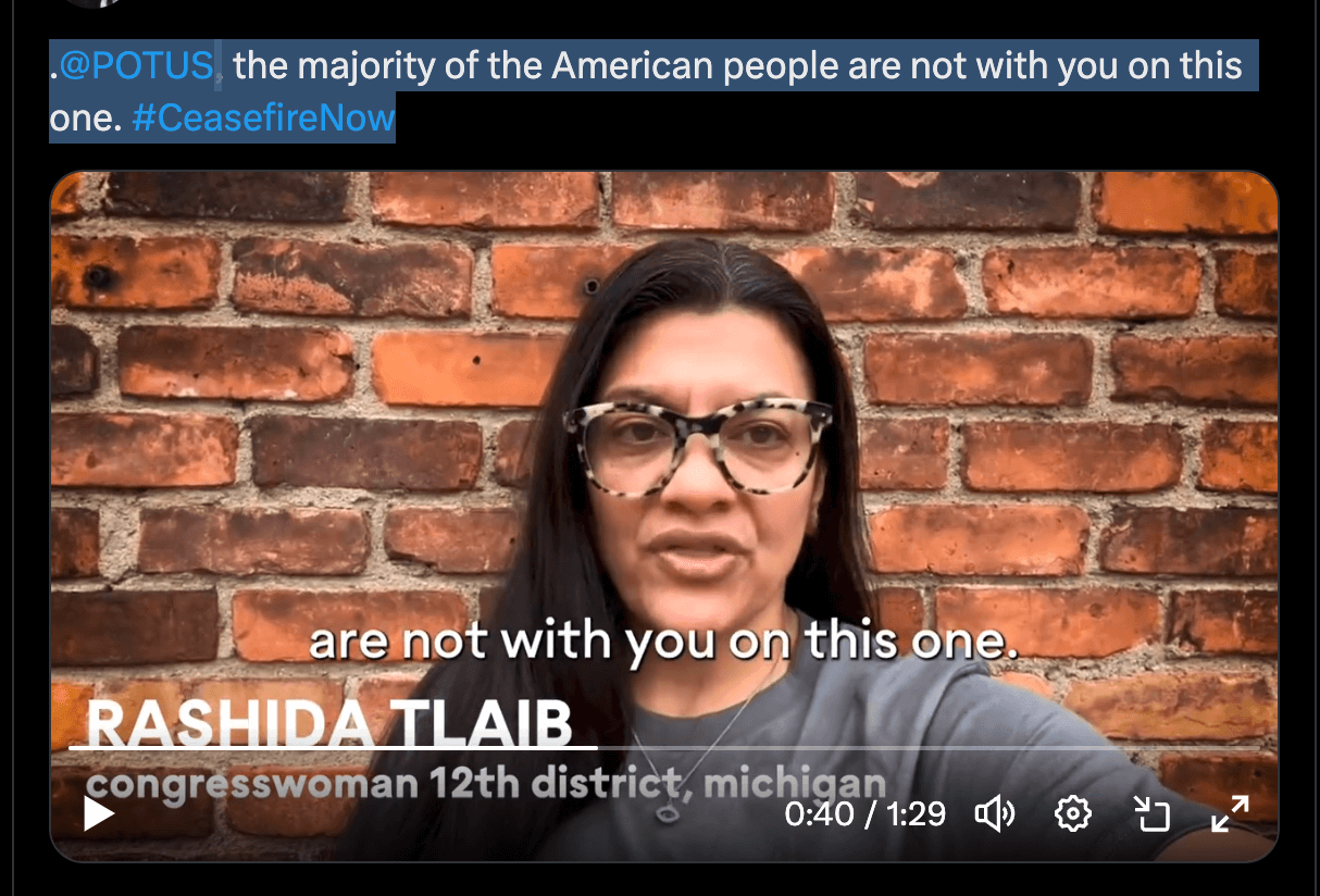 U.S. Rep. Rashida Tlaib posted a video accusing President Joe Biden of supporting genocide against Palestinians.