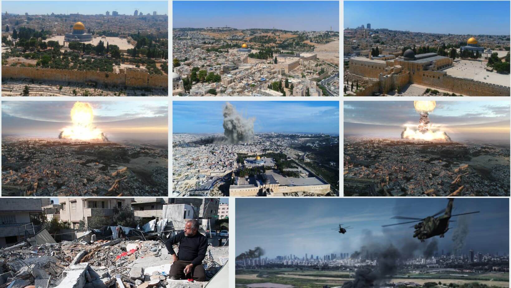 Fake images of explosions in Jerusalem mingle with real photos of the Dome of the Rock and people in Gaza.