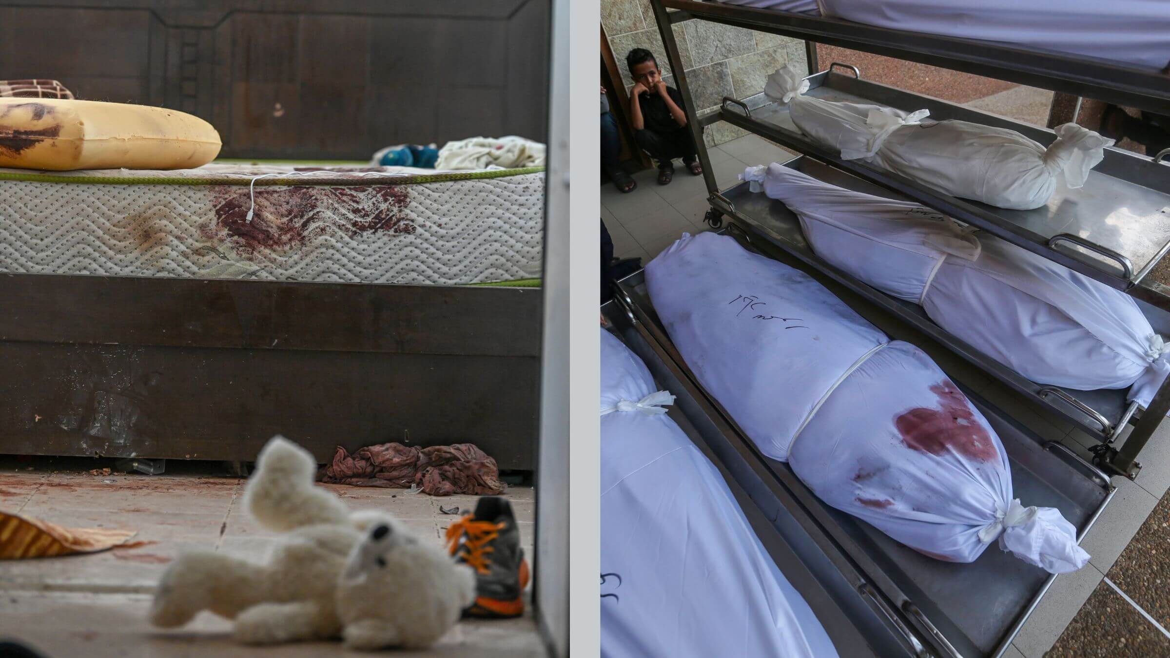 A teddy bear and blood stains in a kibbutz attacked by Hamas; bodies of Palestinians killed in Israeli air raids on Gaza.