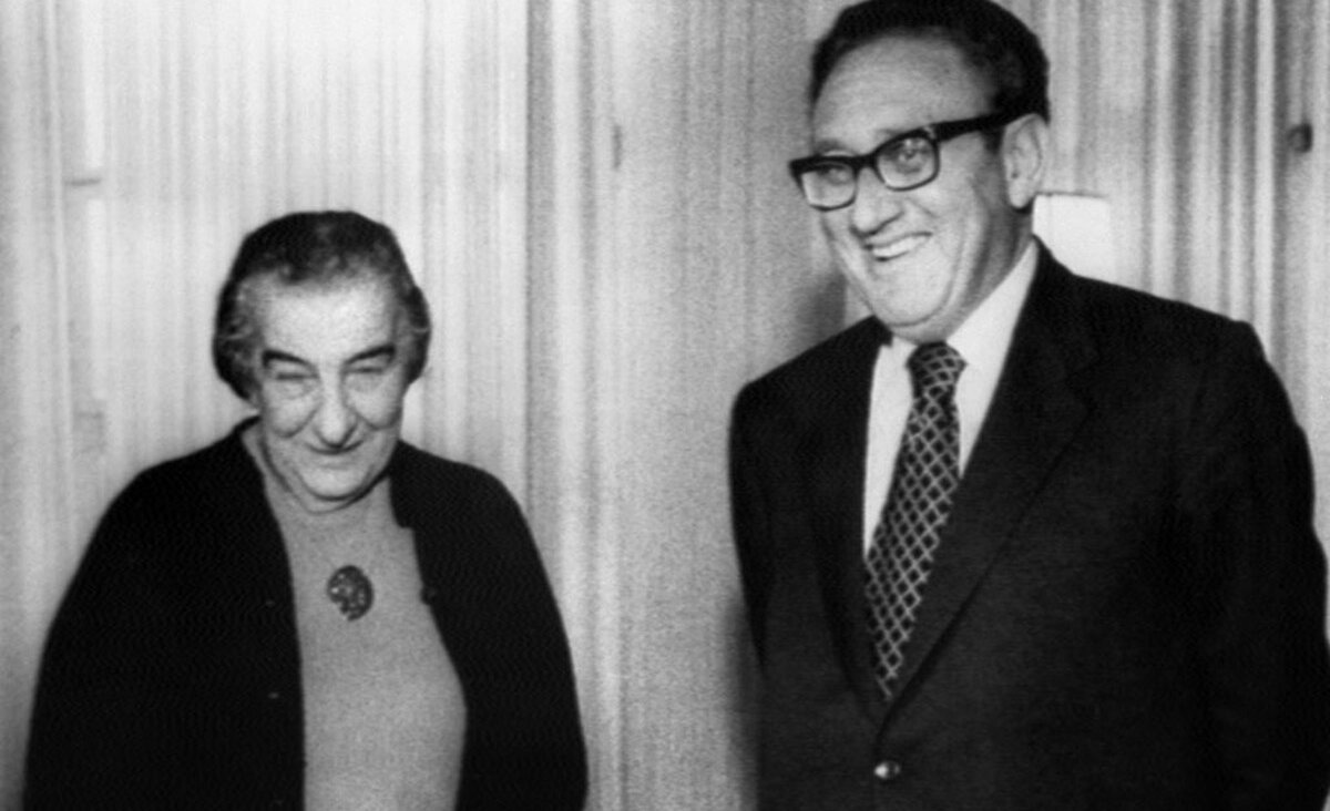 Israeli Prime Minister Golda Meir and Henry Kissinger in Israel on February 27, 1974.