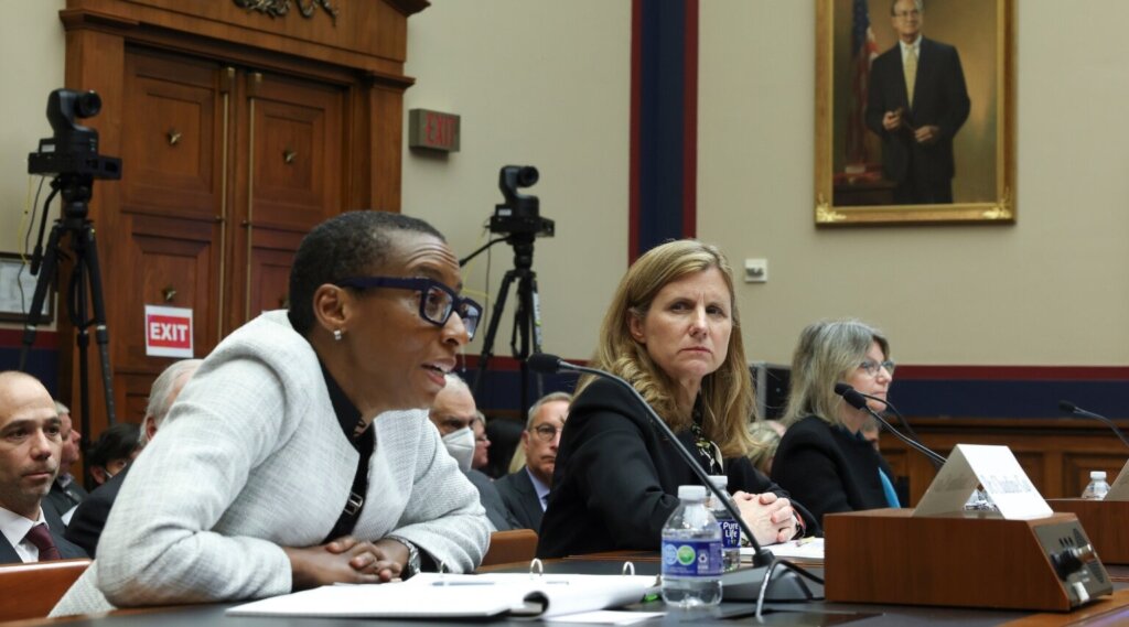 Left to right: Claudine Gay, president of Harvard, Liz Magill, president of the University of Pennsylvania, and Sally Kornbluth, president of MIT, testified before Congress on Tuesday about antisemitism on campus. (Getty)