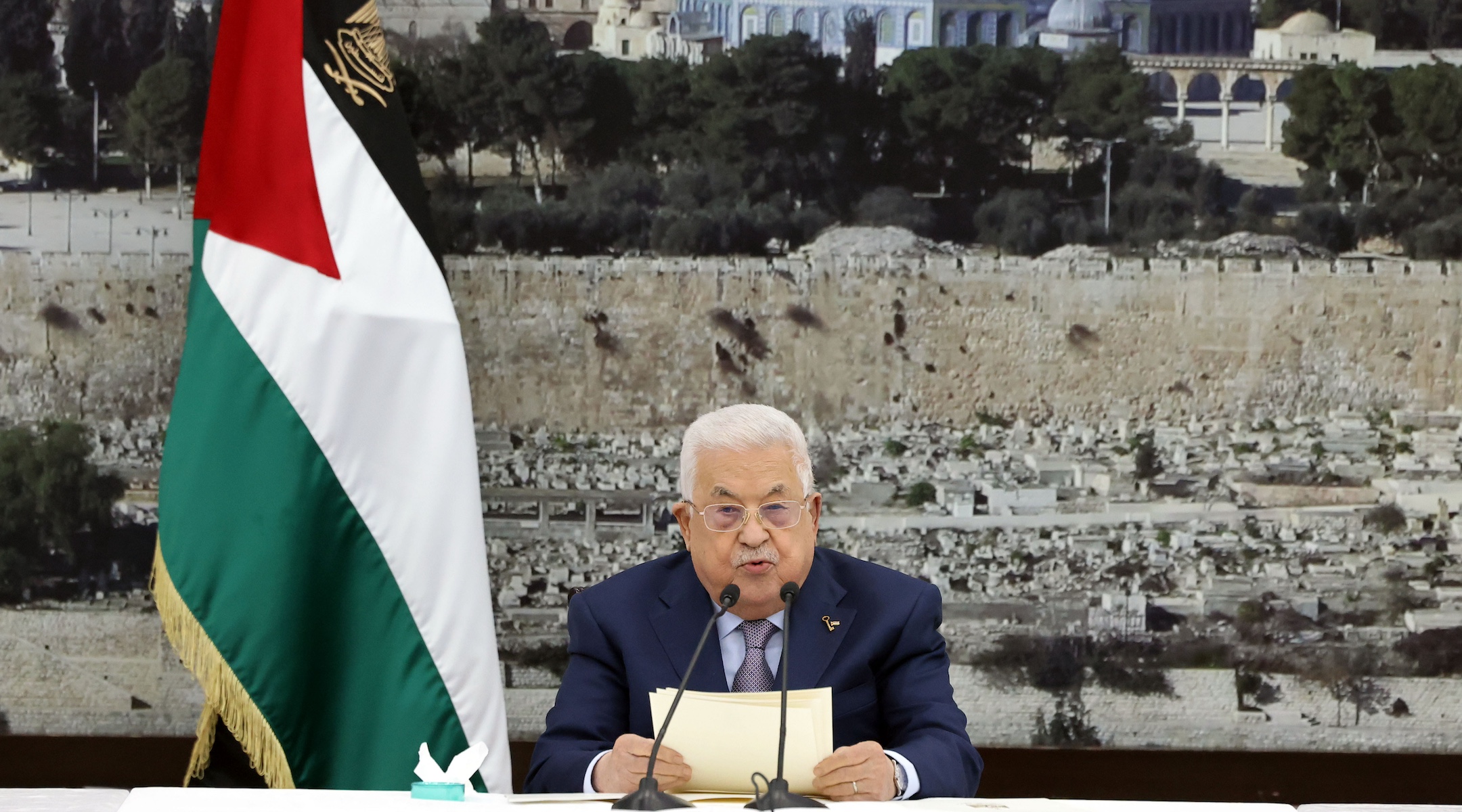 Palestinian Authority President Mahmoud Abbas speaks at his headquarters in Ramallah, in the West Bank, Dec. 2, 2023. (Palestinian Presidency/Anadolu via Getty Images)