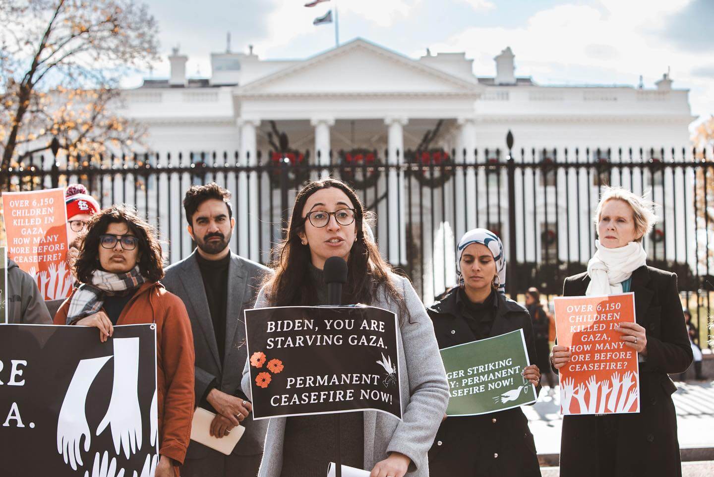 Iman Abid-Thompson, advocacy director for the US Campaign for Palestinian Rights, speaks at a rally outside the White House on Nov. 30. The group hopes to more effectively pressure elected officials to support its positions with a political arm that will be able to endorse candidates and support their campaigns.