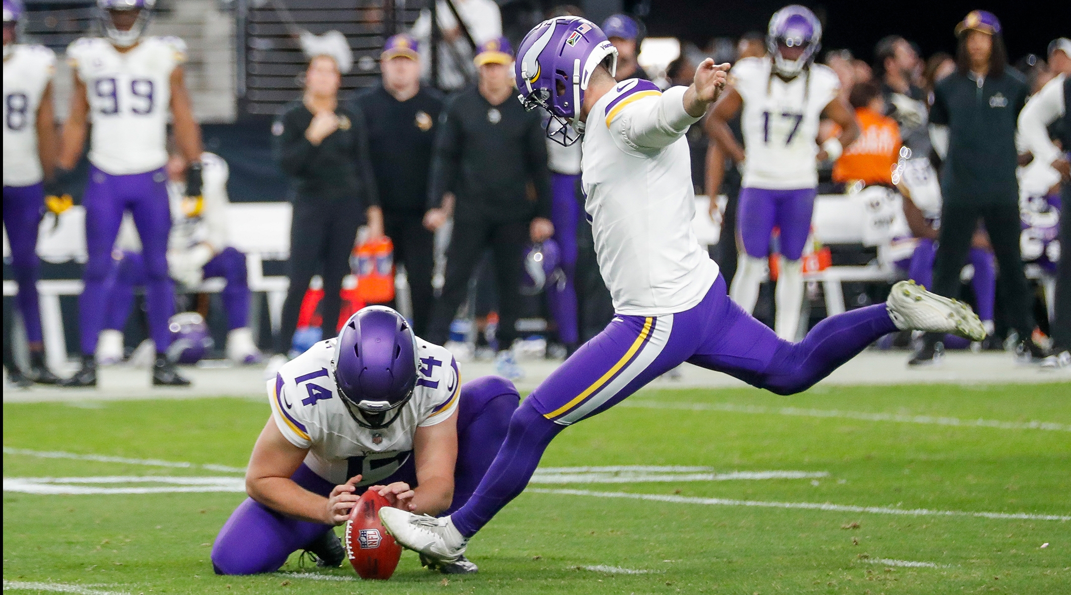 Greg Joseph kicks a field goal during the Minnesota Vikings’ game against the Las Vegas Raiders at Allegiant Stadium in Las Vegas, Dec. 10, 2023.