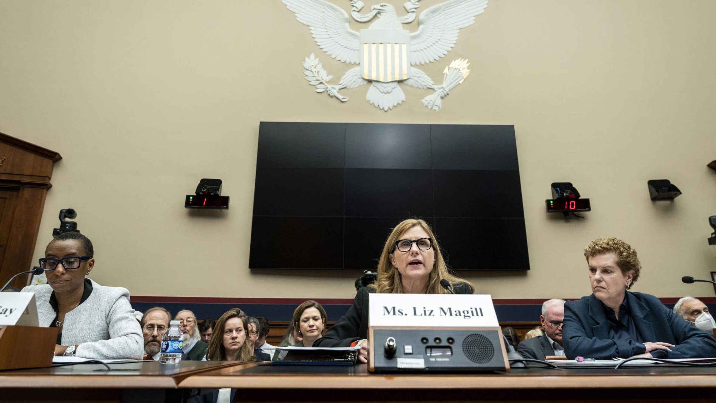 From left: Claudine Gay, president of Harvard University, Liz Magill, president of the University of Pennsylvania, and Pamela Nadell, professor of history and Jewish studies at American University, during a House Education and the Workforce Committee hearing on Tuesday. 