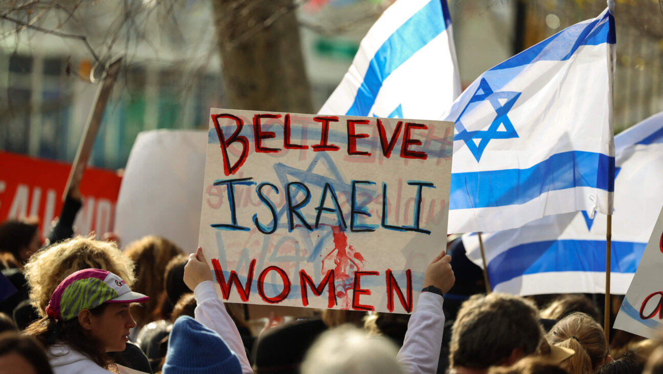 Demonstrators gather outside the United Nations' headquarters in New York City during a protest over lack of acknowledgement of the role of sexual violence in the Oct. 7 attack.