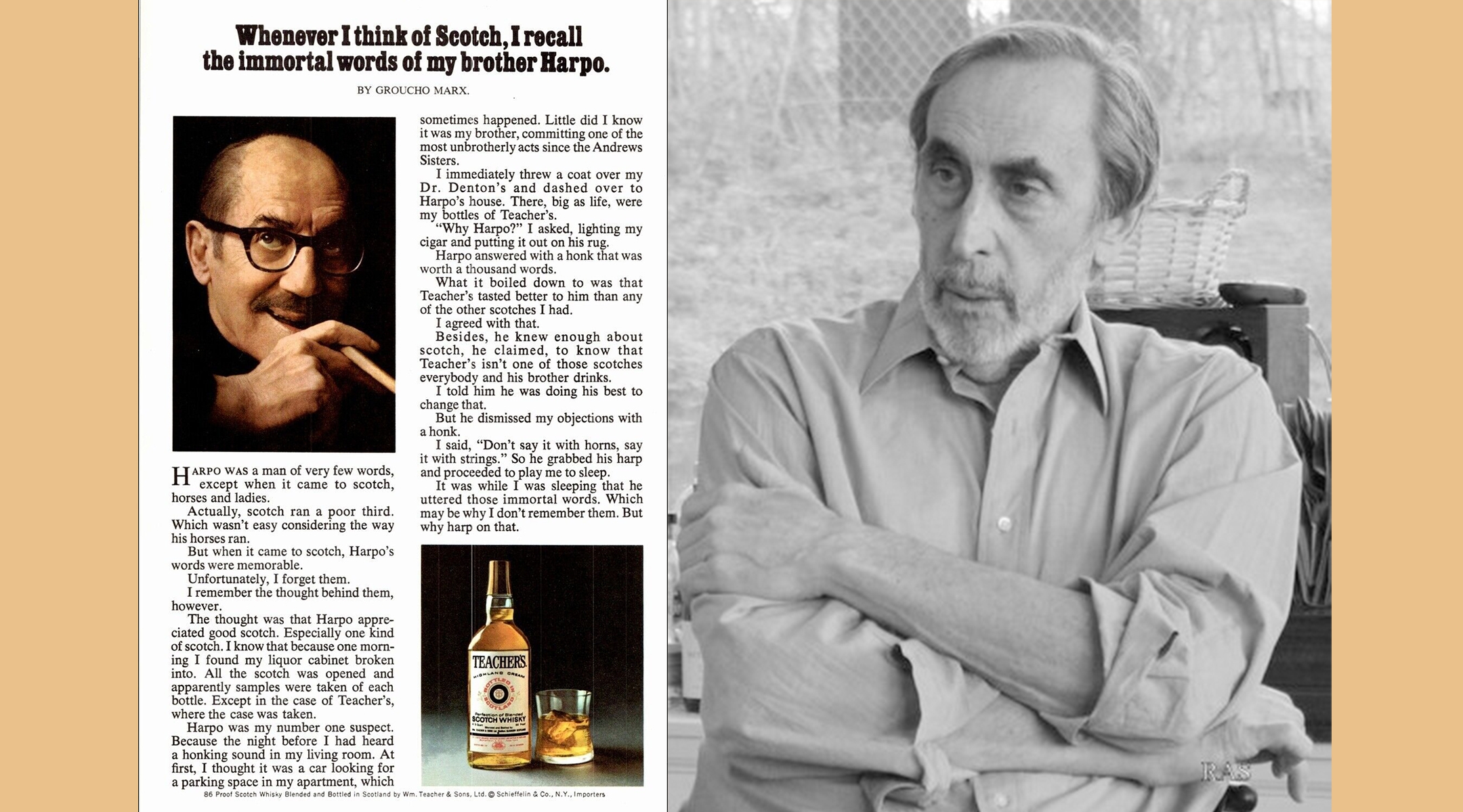 Neil Drossman created a series of ads for Teacher’s scotch featuring ghost-written testimonials by celebrities, including Groucho Marx, left. (Photo courtesy of Robert Dranor)