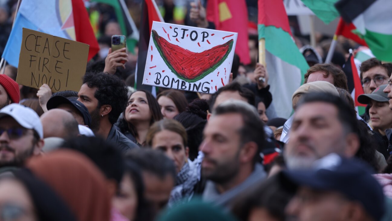 People wave Palestinian flags and hold a picture of a watermelon as they gather for a “Global South United” protest to demand freedom for Palestine in Berlin, Oct. 28, 2023. (Sean Gallup/Getty Images)