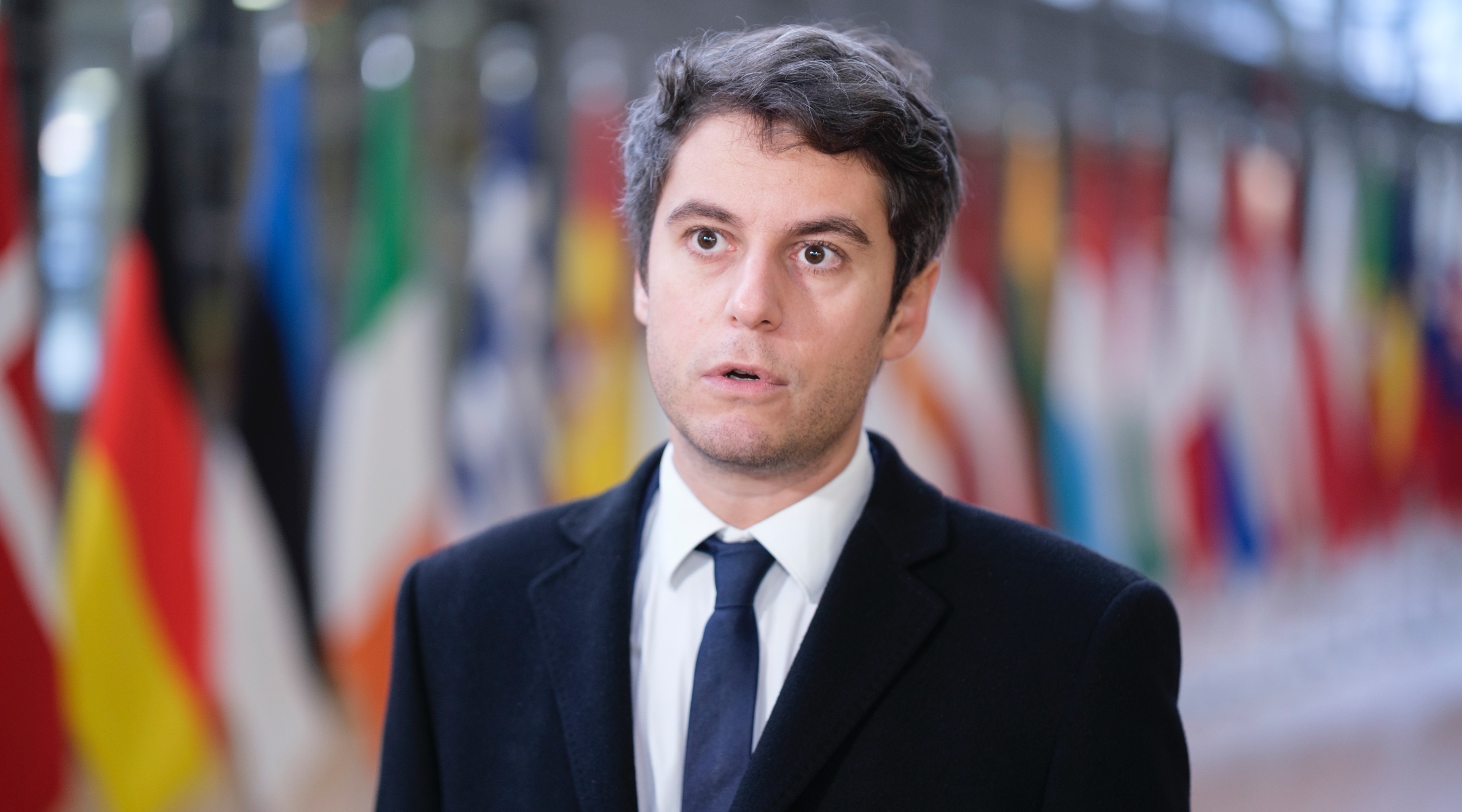 French Minister of National Education and Youth Gabriel Attal talks to media prior an education and youth Ministers Council meeting in the Europa building in Brussels, Nov. 23, 2023. (Thierry Monasse/Getty Images)