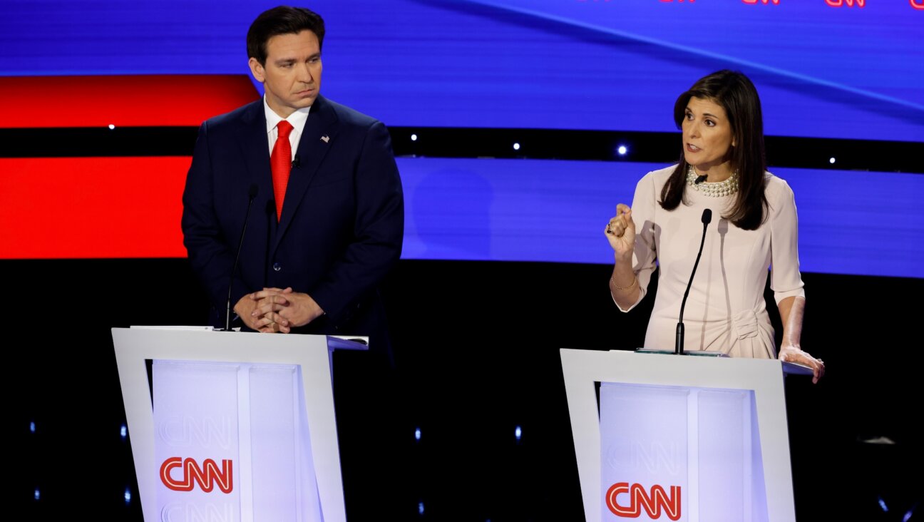 Republican presidential candidates Florida Gov. Ron DeSantis and former U.N. Ambassador Nikki Haley participate in the CNN Republican Presidential Primary Debate in Sheslow Auditorium at Drake University, in Des Moines, Iowa, Jan. 10, 2024. (Chip Somodevilla/Getty Images)